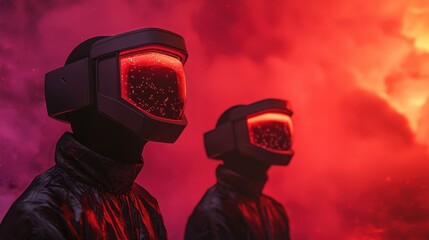 Poster - Two figures in futuristic helmets stand against a dramatic red and smoky backdrop, evoking a sense of mystery and adventure.