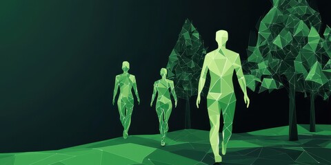 Poster - A digital art scene depicting three low-poly figures walking in a green landscape with stylized trees against a dark background.