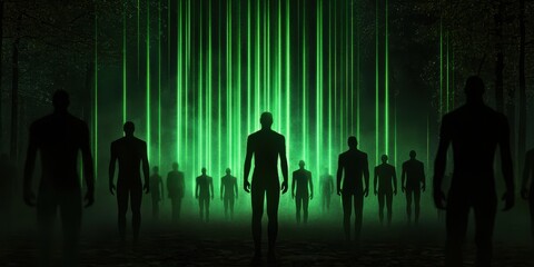 Poster - A mysterious group of shadowy figures stands before radiant green beams of light in a dark, atmospheric setting.