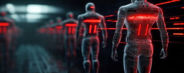 Fototapete - A futuristic scene featuring humanoid figures with glowing red lines, suggesting a technological or cybernetic theme.