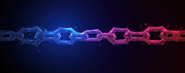 Fototapete - A digital representation of a chain, featuring blue and red segments, symbolizing connectivity and technology against a dark background.