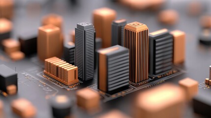 Poster - A detailed, close-up view of a miniature cityscape, featuring sleek buildings designed with copper and black tones, set against a circuit board background.