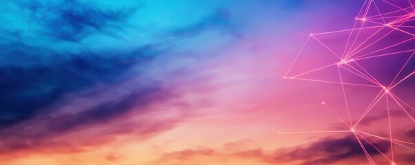 Poster - A vibrant digital sky with shades of blue, pink, and purple, featuring abstract network lines, creating a futuristic atmosphere.