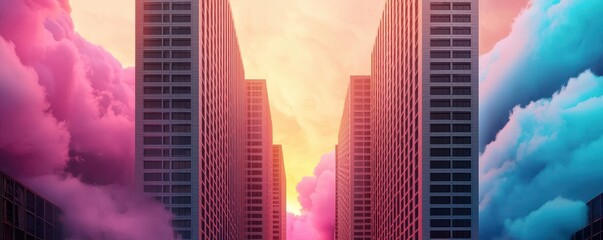 Poster - A vibrant cityscape with towering buildings flanked by colorful clouds at sunset, creating a surreal and dreamy atmosphere.