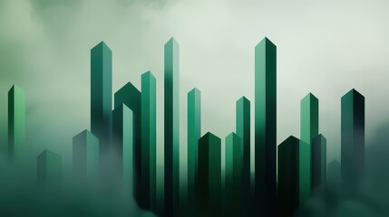 Poster - Abstract green crystal structures rise through a misty background, creating a mystical and ethereal atmosphere.