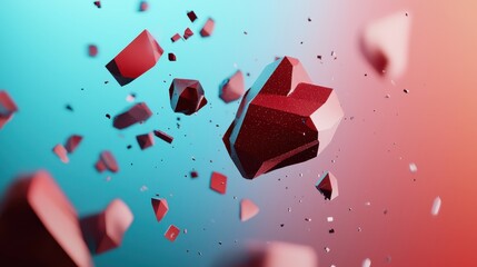Aufkleber - A vibrant, abstract scene featuring floating red geometric shapes against a gradient blue and pink background, creating a dynamic and modern visual effect.