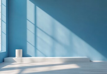 Poster - Bright and Airy Interior Space with Blue Wall and Sunlight Shadows in Modern Minimalist Design Aesthetic for Relaxation and Creativity Purposes