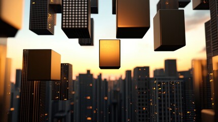 Aufkleber - Abstract cityscape with floating cubes in a sunset backdrop, creating a futuristic and digital atmosphere.