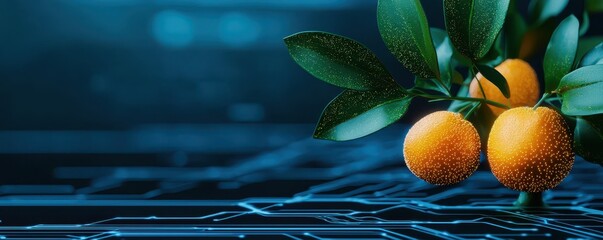 Poster - A vibrant digital representation featuring orange fruits amidst a tech-inspired background, merging nature with technology.