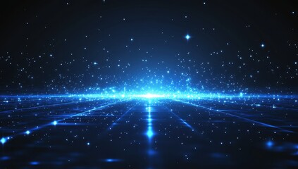 Fototapete - Bright Blue Particles and Light Beams in a Dark Cosmic Space Environment Ideal for Digital Backgrounds and Technology Themes
