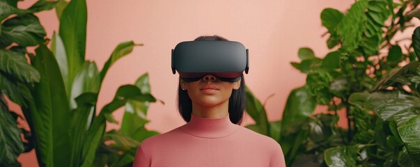 Aufkleber - A woman wearing a virtual reality headset stands amidst lush greenery with a pastel pink background.