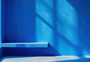 Poster - Bright Blue Wall with Natural Shadows and Simple Shelf in Contemporary Interior Design Setting