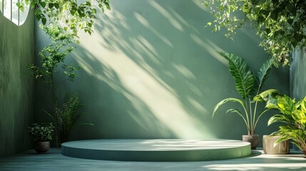 Fototapete - Empty natural green backdrop with soft lighting, perfect for displaying sustainable products in a fresh setting