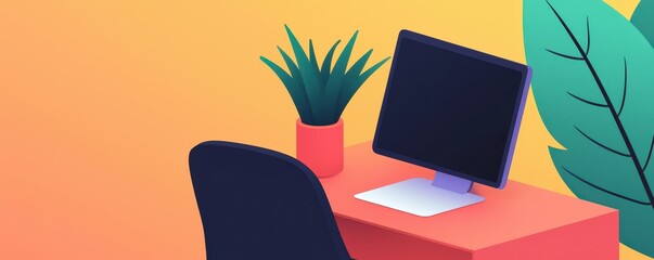 Aufkleber - A vibrant, modern workspace featuring a desk, a computer, and a potted plant, set against a colorful background.