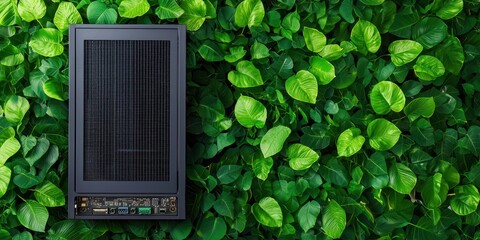 Aufkleber - A sleek device sits atop a vibrant green leaf backdrop, blending technology with nature, showcasing a harmonious balance between innovation and the environment.