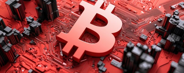 Poster - A vibrant red circuit board features a prominent Bitcoin symbol, representing the digital currency's technological foundation and its impact on finance.