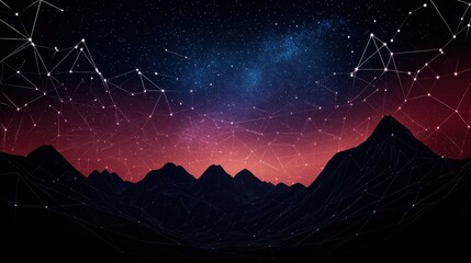 Poster - A serene night sky filled with stars and constellations above silhouetted mountains, showcasing a gradient of deep blue and red hues.