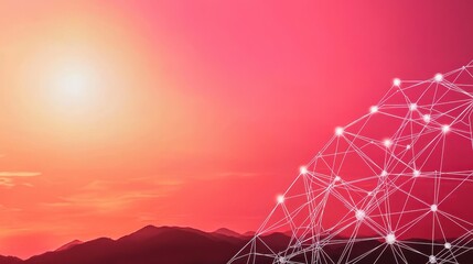 Fototapete - A vibrant sunset illuminates a mountainous landscape, overlaid with a network of interconnected dots and lines, symbolizing technology and connectivity.