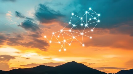Poster - A digital network pattern overlays a sunset over mountains, symbolizing technology's connection with nature.