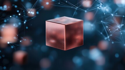 Fototapete - A metallic cube is prominently displayed against a blue, abstract background with glowing particles and interconnected lines, evoking a sense of technology and innovation.