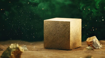 Poster - A golden cube sits on a sandy surface, surrounded by various rocks, under a starry, green-tinted sky.