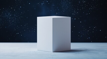Poster - A minimalist white cube stands against a dark background, surrounded by scattered light particles, creating a serene and modern aesthetic.
