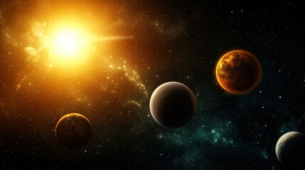 Poster - A vibrant cosmic scene showcasing a shining sun and multiple planets against a dark, starry backdrop.