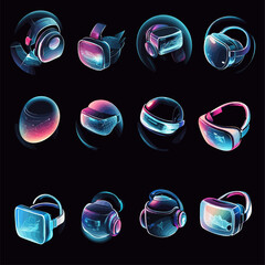 Poster - Neon Illuminated Virtual Reality Headset Collection on Dark Background