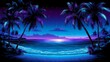 © Artajar - Retrowave style tropical beach at night with palm trees and starry sky vibrant colors of violet and blue aesthetic background wallpaper