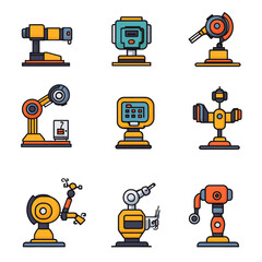 Poster - Set of Robotic Arms in Orange and Blue on White Background - Stock Image