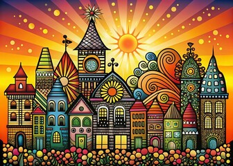 Poster - Silhouette of Playful Cartoon Building Design, Doodle Architecture, Night Cityscape