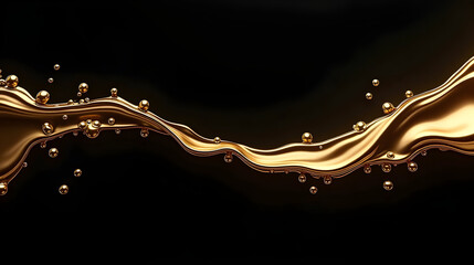 Poster - Golden liquid wave with bubbles on a dark background.
