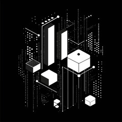 Aufkleber - Isometric Data Visualization Grid in Black and White, Geometric Abstraction