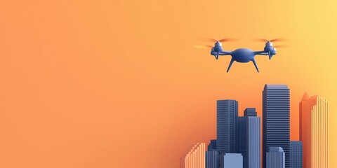 Fototapete - A drone flies above a city skyline against a vibrant orange background, showcasing modern technology and urban life.