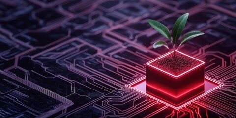 Fototapete - A glowing circuit board features a small plant sprouting from a digital cube, symbolizing the fusion of technology and nature.