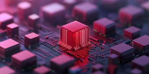 Poster - A close-up view of a computer circuit board featuring a prominent red microchip among smaller components, showcasing modern technology and design.