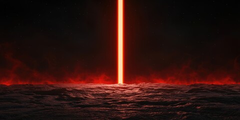 Poster - A striking vertical red beam pierces a dark, smoky atmosphere, creating an otherworldly scene reminiscent of sci-fi themes.