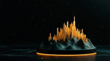 Poster - A vibrant, glowing structure rises from a dark base, resembling a city skyline with tall, angular peaks against a starry backdrop.