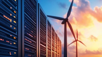 Poster - A server farm alongside wind turbines under a colorful sunset, symbolizing the integration of technology and renewable energy.