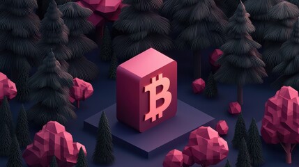 Poster - A stylized Bitcoin symbol stands in a vibrant, forest-like environment, surrounded by colorful rocks and trees, highlighting the fusion of nature and digital currency.