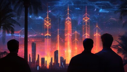 Poster - A futuristic skyline with glowing skyscrapers under a vibrant night sky, viewed by three silhouetted figures against palm trees.