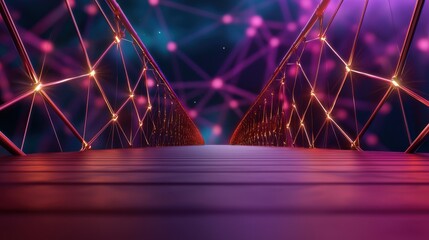 Fototapete - A vibrant, futuristic bridge illuminated with glowing lines and dots, set against a dark, abstract background.