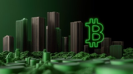Poster - A cityscape featuring skyscrapers illuminated in green, with a prominent Bitcoin symbol, symbolizing the integration of cryptocurrency and urban development.