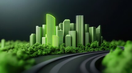 Poster - A futuristic cityscape featuring tall green buildings surrounded by lush vegetation, emphasizing sustainability and eco-friendliness.