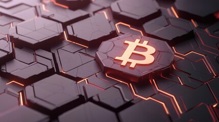 Poster - A stylized Bitcoin logo is set against a futuristic hexagonal background, illuminated with glowing accents, representing digital currency and blockchain technology.