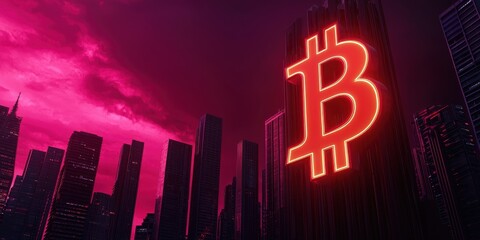 Poster - A vibrant city skyline illuminated by a large, glowing Bitcoin symbol against a dark pink sky, highlighting cryptocurrency's modern influence.