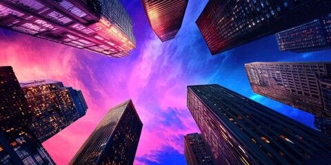 Fototapete - A stunning view looking up at skyscrapers against a vibrant, colorful sky, showcasing modern architecture and a dramatic sunset atmosphere.