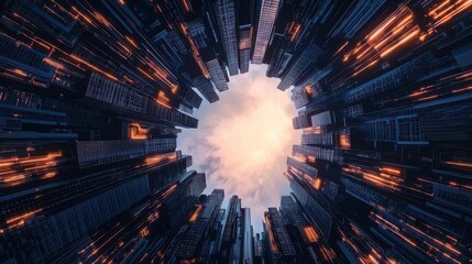 Aufkleber - A mesmerizing upward view through towering city skyscrapers, framed by a bright, cloudy sky that evokes a sense of wonder and abstraction.