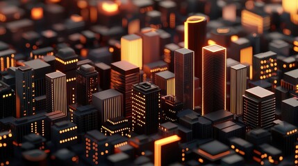 Fototapete - A vibrant cityscape illuminated at dusk, showcasing glowing skyscrapers and a network of streets filled with lights.