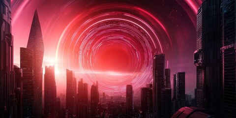Poster - A futuristic skyline features towering buildings under a vibrant pink and red portal, evoking a sense of wonder and exploration.